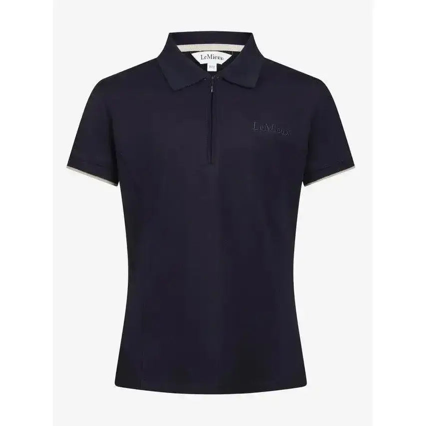 Navy blue lemieux young rider polo shirt with subtle chest embroidery and small zipper at collar perfect for riders