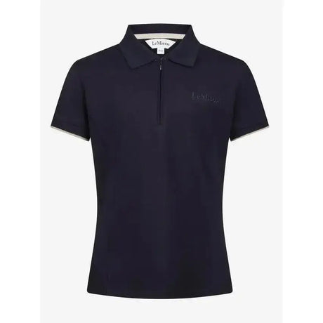 Navy blue lemieux young rider polo shirt with subtle chest embroidery and small zipper at collar perfect for riders
