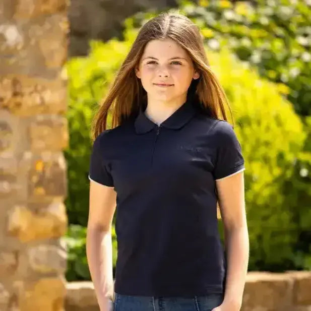 Navy blue lemieux young rider polo shirt with white trim on collar and sleeve cuffs for rider polo style