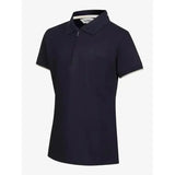 Dark navy lemieux young rider polo shirt with subtle embroidery and white trim on collar and sleeve cuffs