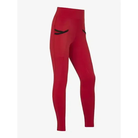 Red high-waisted breech chilli leggings with black cross-cut detailing for lemieux young rider young riders