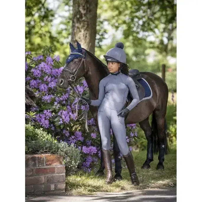 Gray lemieux young rider riding suit with long sleeves full-length slate active breeches and matching helmet boots