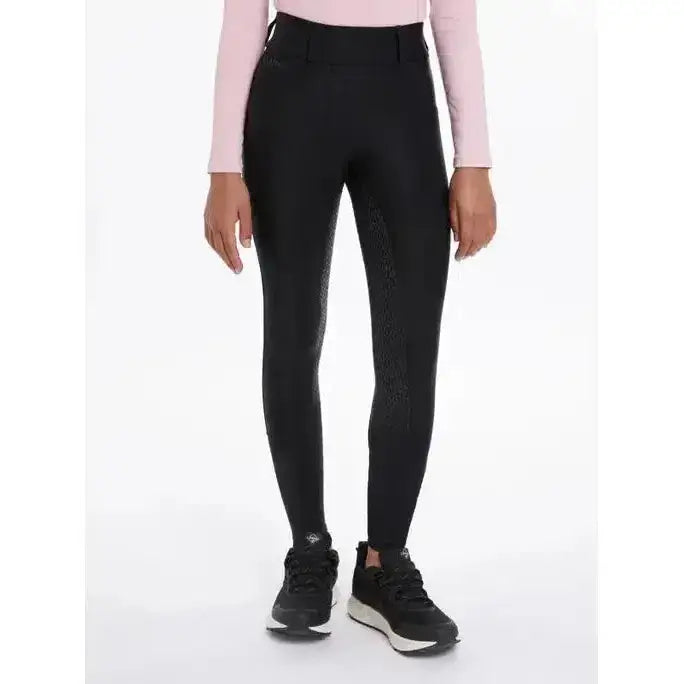 Black lemieux young rider remi breggings with a subtle textured pattern and high waistband for young rider use