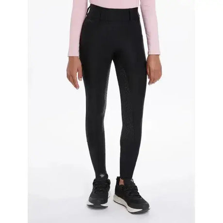 Black lemieux young rider remi breggings with a subtle textured pattern and high waistband for young rider use