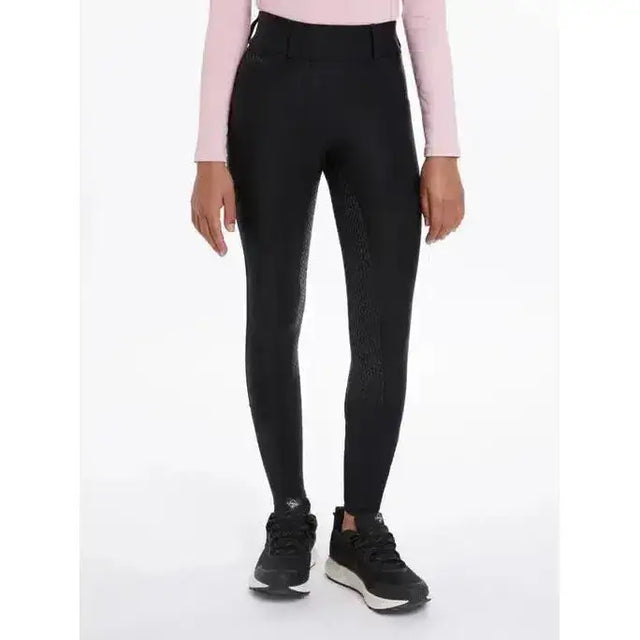 Black lemieux young rider remi breggings with a subtle textured pattern and high waistband for young rider use