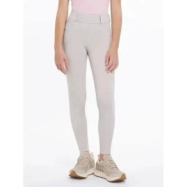 Light gray lemieux young rider remi breggings stone with high waist and subtle stitching in form-fitting riding pants
