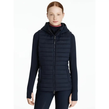 Navy blue quilted long sleeve hooded vest with full zipper from lemieux young rider ruby puffer gilet collection