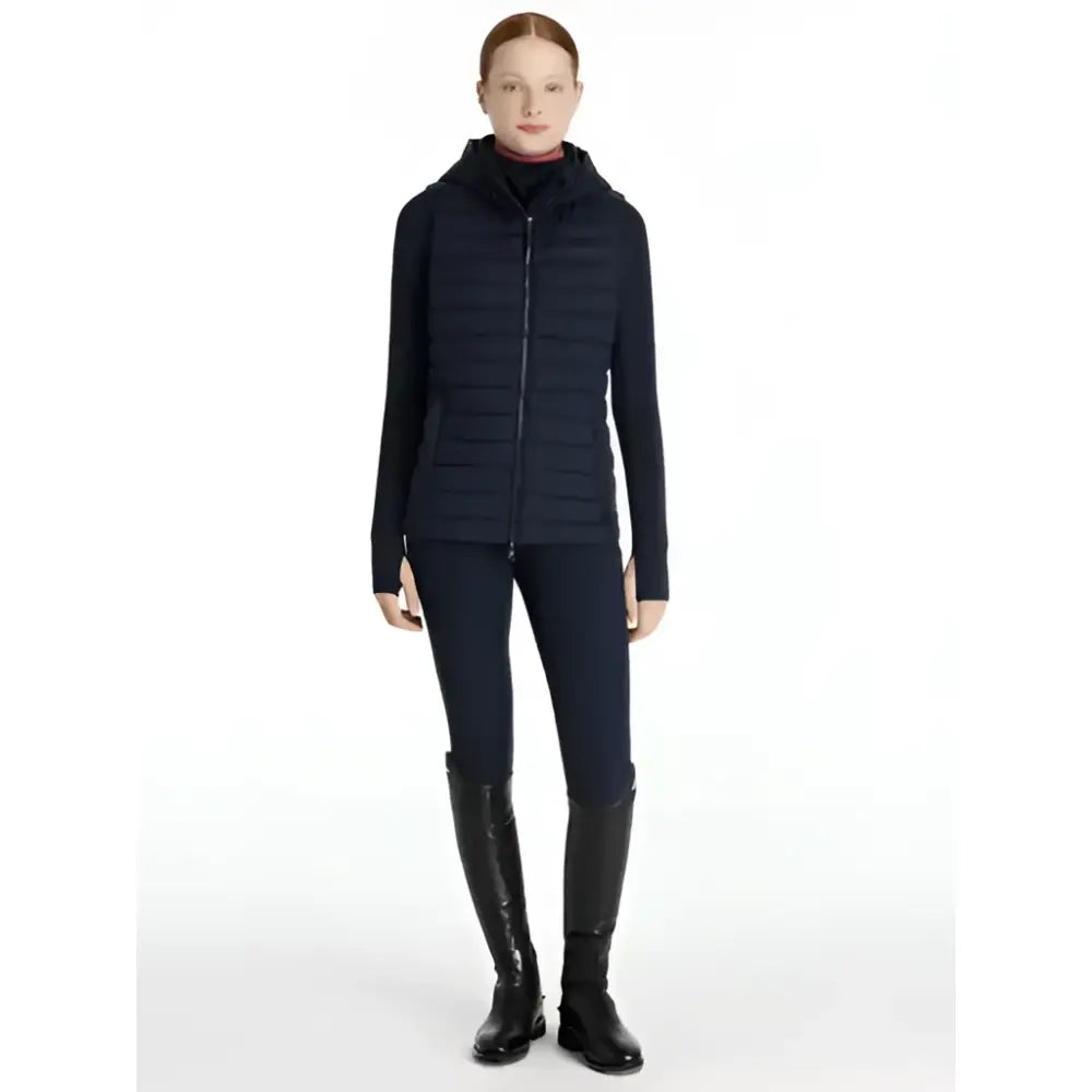 Black quilted puffer vest with hood and zipper lemieux young rider ruby puffer gilet for chilly rides