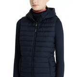 Navy blue quilted hooded vest with front zipper and side pockets lemieux young rider ruby puffer gilet