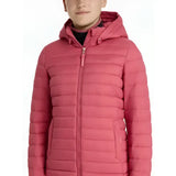A pink quilted hooded lemieux young rider ruby puffer jacket with central zipper and two front pockets