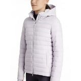 A light lavender lemieux young rider ruby puffer jacket with quilted hood and silver zipper accents