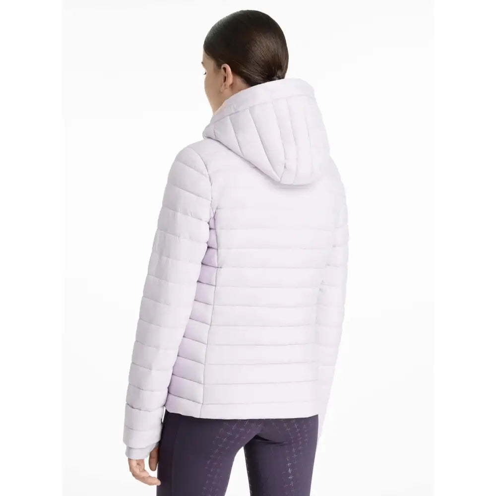 White quilted lemieux young rider ruby puffer jacket with high collar and hood perfect for cold weather