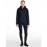 Navy blue quilted lemieux young rider ruby puffer jacket with hood and front zipper for cold weather use