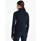 Navy blue long-sleeved lemieux young rider savannah snood base layer with high collar and pink trim for performance