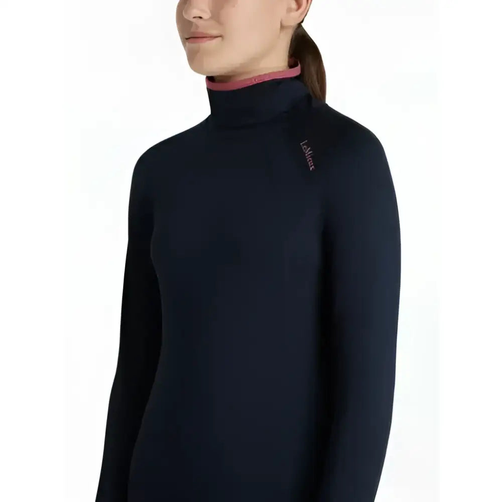 Dark navy lemieux young rider savannah snood base layer with long sleeves high neck and pink inner collar