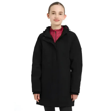 Black hooded lemieux young rider skye waterproof coat with red inner lining for young rider use