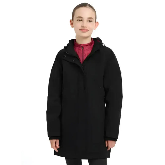 Black hooded lemieux young rider skye waterproof coat with red inner lining for young rider use