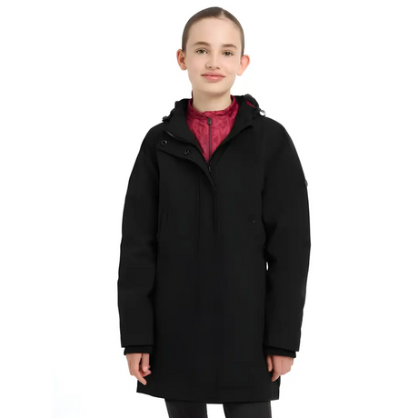 Black Hooded Winter Coat over a Red Top - Lemieux Young Rider Skye Waterproof Coat