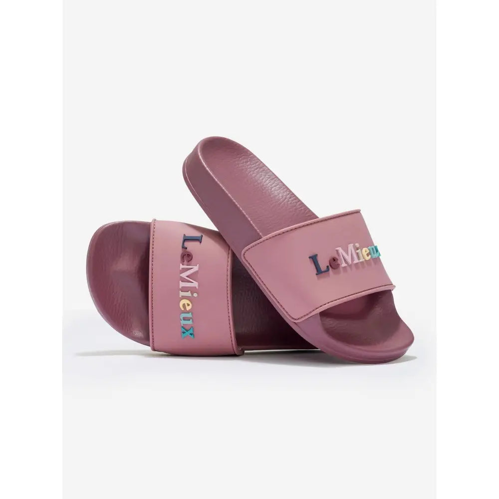 Pink LeMieux young rider sliders blossom slide sandals with colorful embroidered branding perfect for summer rides