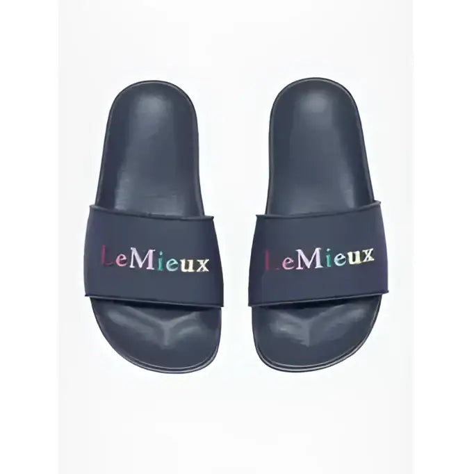 Black lemieux young rider sliders dusk sandals with multicolored lemieux embroidery on the strap