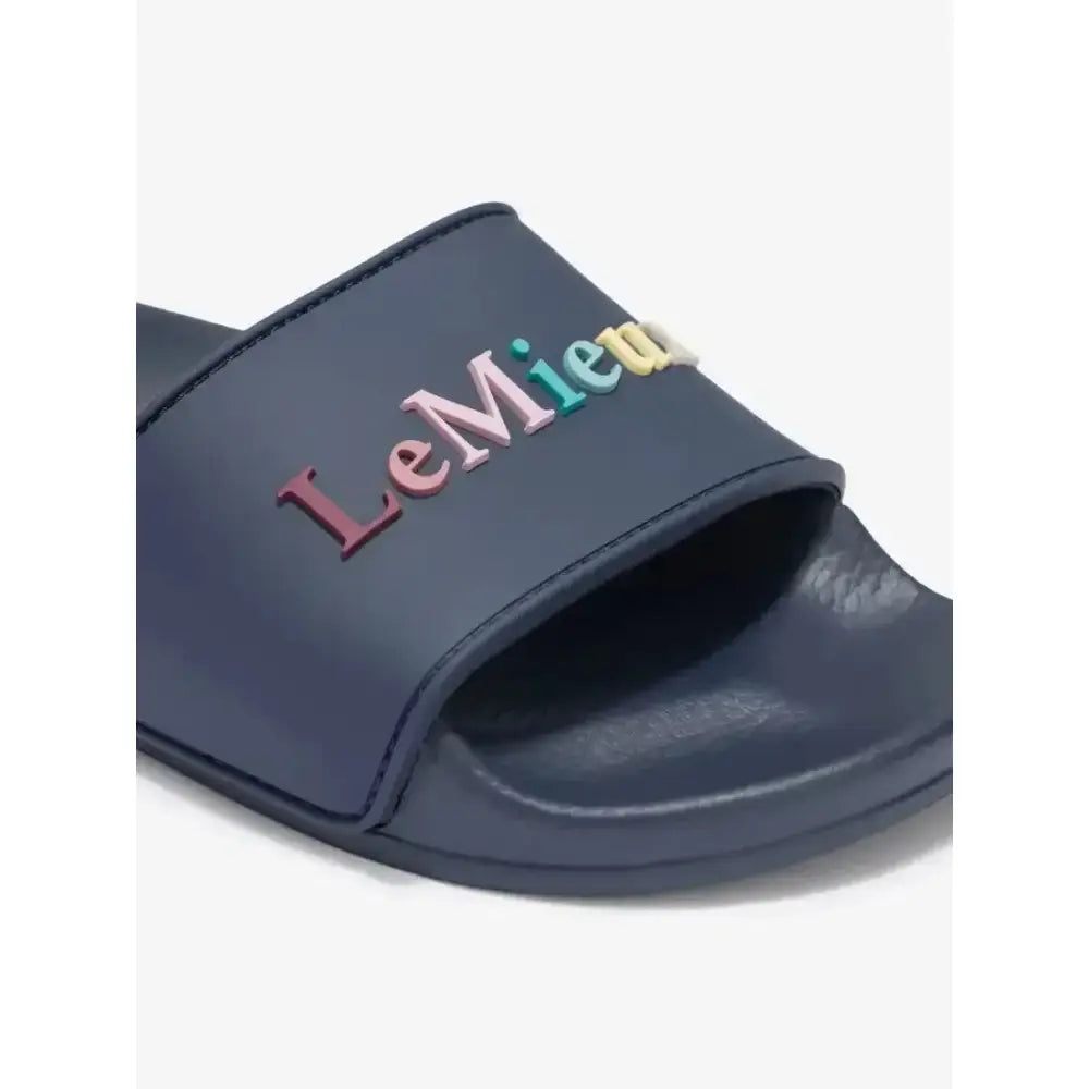 Navy blue rubber lemieux young rider sliders dusk sandal with colorful embroidered lemieux logo