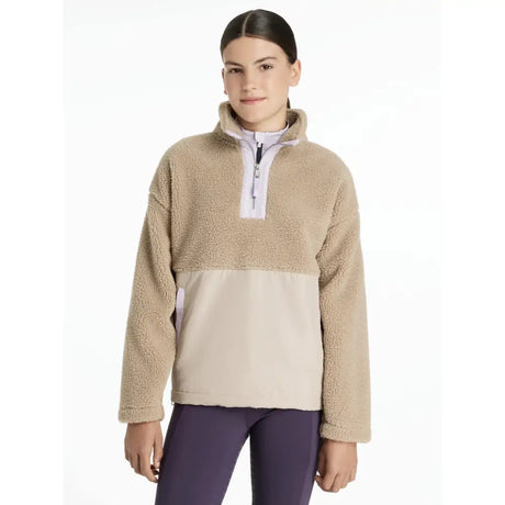 Beige and cream two-tone lemieux young rider tammy teddy fleece almond half-zip sweater with plush textured exterior