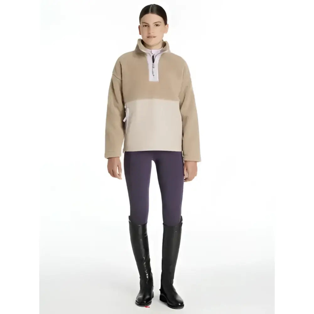 Beige and cream color block lemieux young rider tammy teddy fleece almond pullover with half zip front