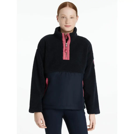 Lemieux young rider tammy teddy fleece navy half zip jacket in black and navy with pink zipper accents