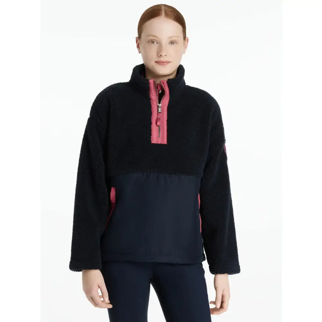 Lemieux young rider tammy teddy fleece navy half zip jacket in black and navy with pink zipper accents