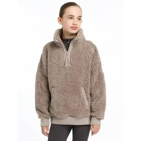 Cozy taupe lemieux young rider tia teddy fleece half zip hoodie with plush texture and ribbed cuffs