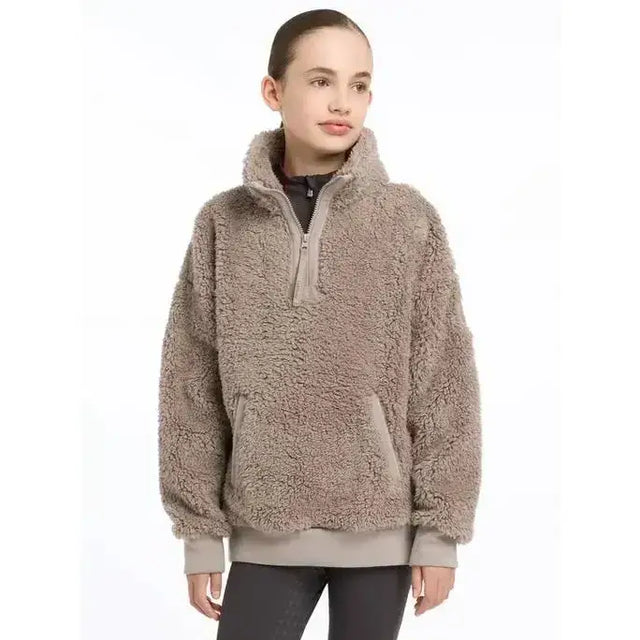 Cozy taupe lemieux young rider tia teddy fleece half zip hoodie with plush texture and ribbed cuffs