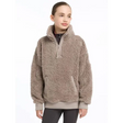 Cozy beige Tia Teddy fleece pullover with half-zip and kangaroo pocket