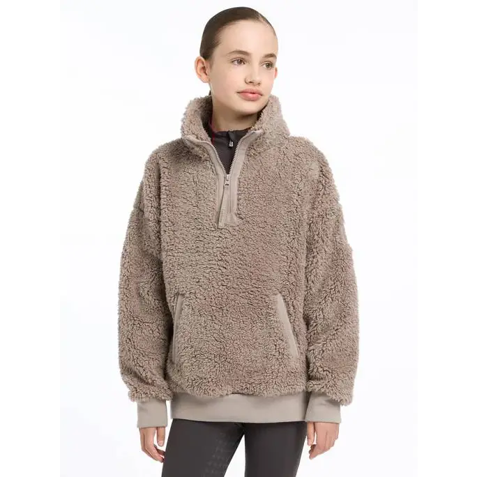 Cozy beige Tia Teddy fleece pullover with half-zip and kangaroo pocket