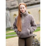 Young woman with long red hair in Lemieux Tia Teddy Fleece Ash pullover