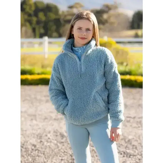 Light blue fleece zip-up hoodie and matching pants with soft plush tia teddy fleece from lemieux young rider collection