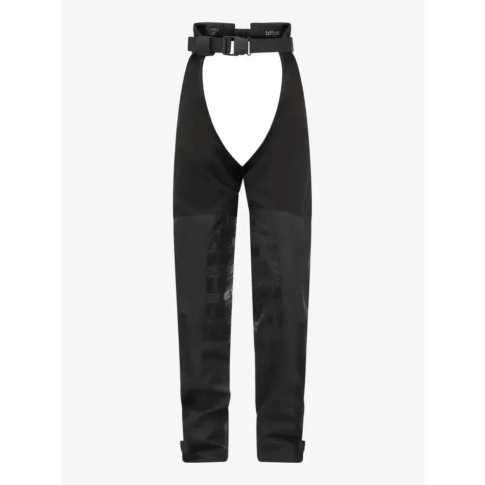 Black lemieux drytex stormwear waterproof chaps with front cutout and belt featuring textured panels on lower legs