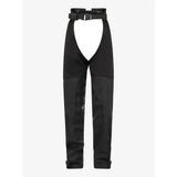 Black lemieux drytex stormwear waterproof chaps with front cutout and belt featuring textured panels on lower legs