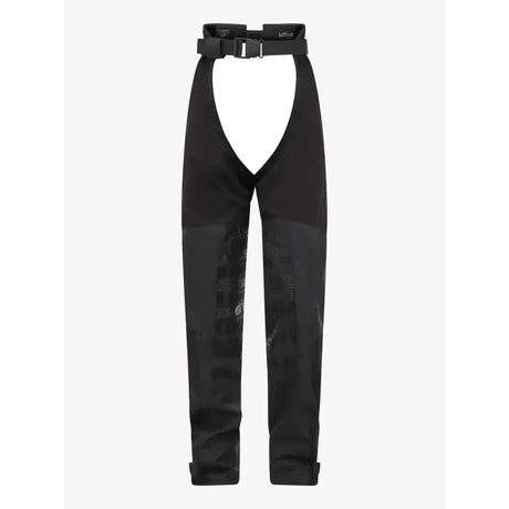 Black lemieux drytex stormwear waterproof chaps with front cutout and belt featuring textured panels on lower legs