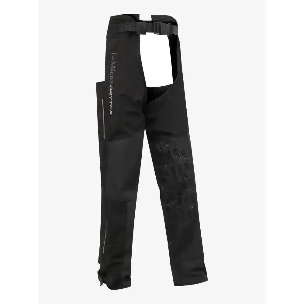 Black waterproof chaps with lemieux drytex stormwear, reinforced knee panel, side zipper pockets for young rider waterproof use