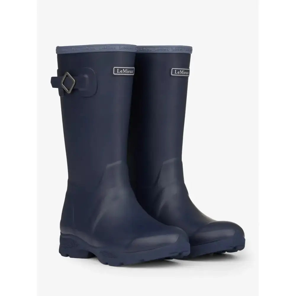 Navy blue rubber lemieux young rider wellies with gray buckle and brand logo perfect premium quality wellies for kids