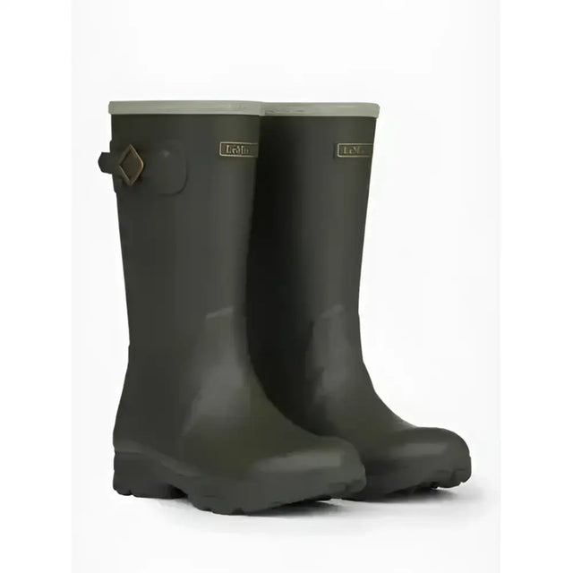 Dark olive green lemieux young rider wellies with light gray rim and brass buckle detail premium quality wellies