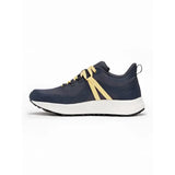 Navy blue lemieux youth trax viva waterproof trainer dusk with yellow laces and white midsole for kids