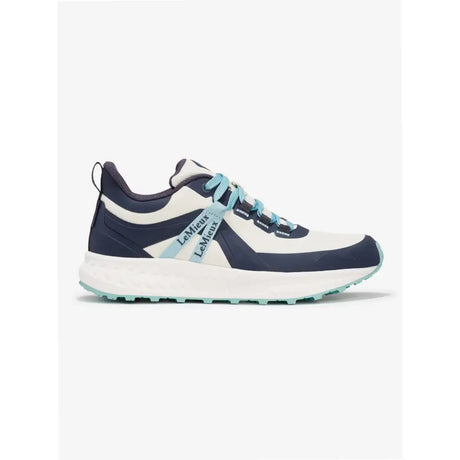 Navy and white lemieux youth trax viva waterproof trainer with light blue laces and textured rubber sole for kids