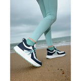 Navy and white lemieux youth trax viva waterproof trainers with teal accents and textured sole for active kids