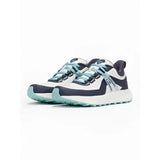 White and navy blue lemieux youth trax viva waterproof trainer with light teal laces and sole in a modern design