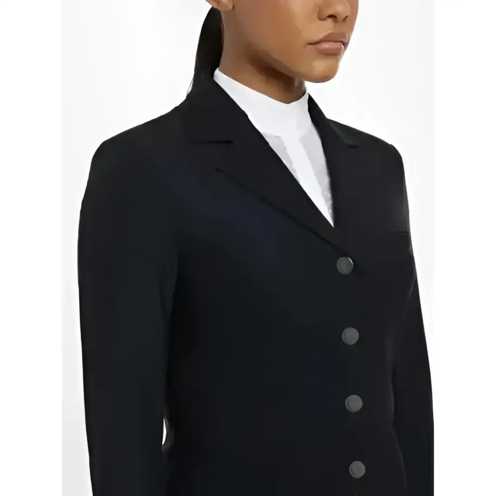 Black tailored lemieux zoe show jacket with notched collar and five buttons perfect for dressage competition wear with a sophisticated silhouette
