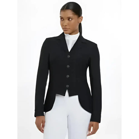 Black tailored equestrian jacket lemieux zoe with notched collar and five dark buttons for dressage competition wear