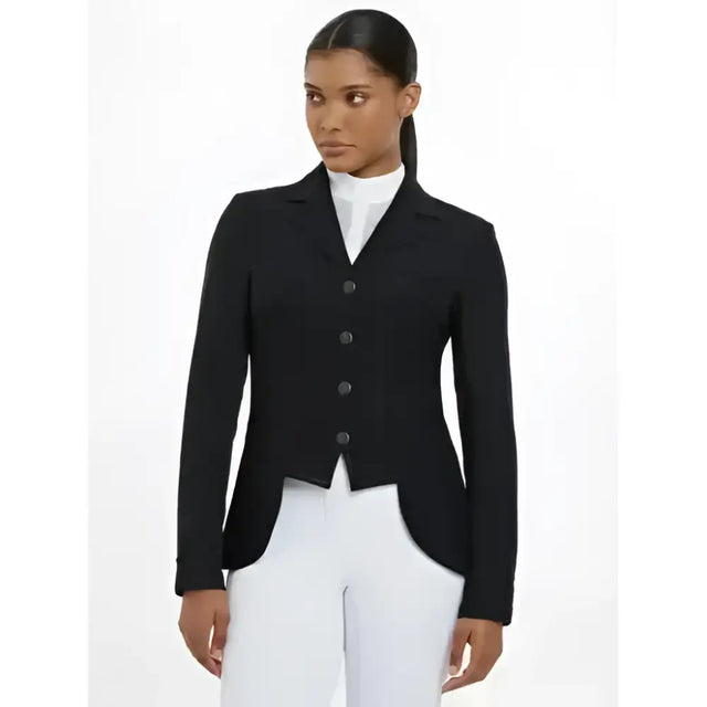 Black tailored equestrian jacket lemieux zoe with notched collar and five dark buttons for dressage competition wear