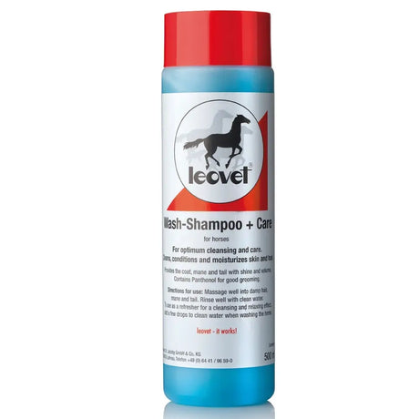 Blue cylindrical bottle of leovet 5 star biotin body wash shampoo with red cap and black horse logo for optimum replenishment
