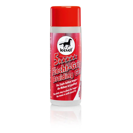 Red and white plastic bottle of leovet 5 star braiding gel with red cap for plaits and star braiding use